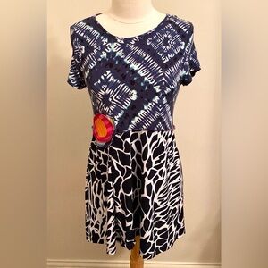 A.D.D. Blue Tie Dye Animal Print Mixed Media Patchwork Short Sleeve Mini Dress S